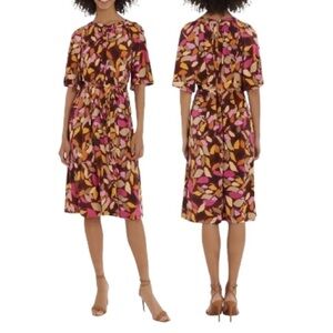 Maggy London New With Tags Bell Sleeve Shirred Tent Dress In Maroongold Size 6